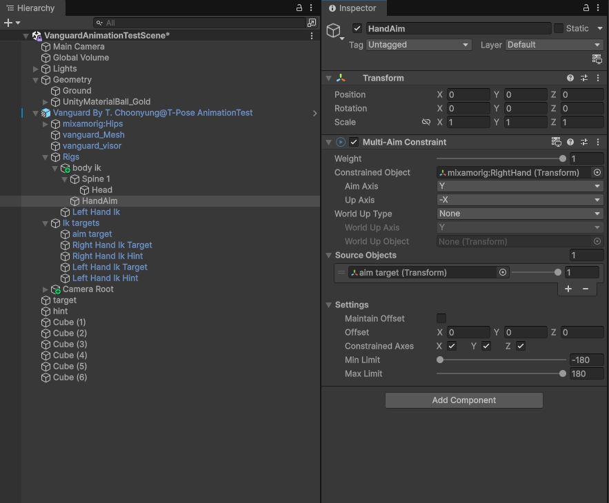 오른손에 적용한 HandAim Multi-Aim Constraint